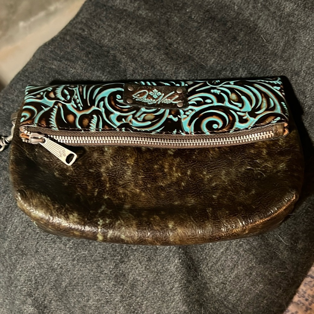 Turquoise and brown beautiful tooled folder over clutch/wristlet with strap